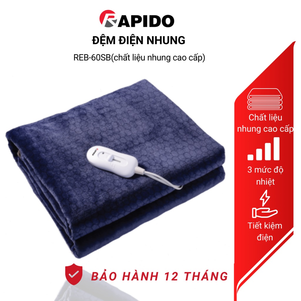 Đệm điện nhung Rapido REB-60SB cao cấp, chất liệu nhung, công suất 60W - Hàng chính hãng