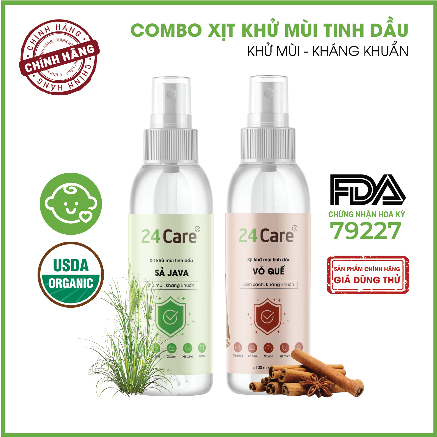 Combo 2 Tinh dầu Xịt phòng Sả Java+ Quế Hữu Cơ Organic 24Care 100ML/Chai - Có giấy Công bố của Bộ Y Tế