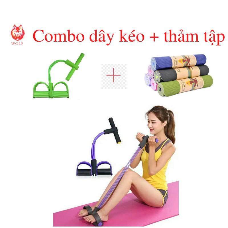 Combo Thảm Yoga Gym Cao Cấp Chống Trượt + Dây Kéo Kháng Lực 4 Dây Cao Su + Con Lăn Tập Bụng Eo Hiệu Quả