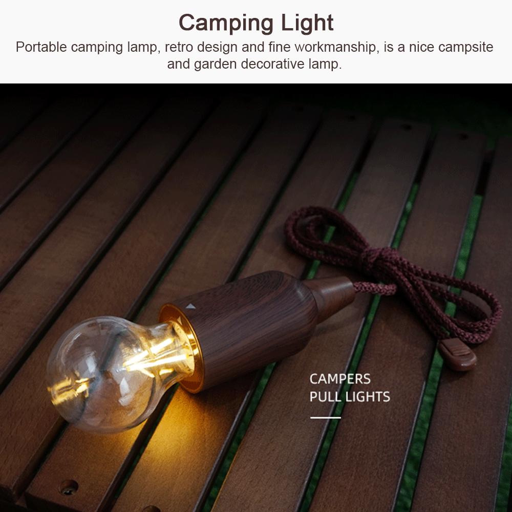 Portable Camping Light Retro LED Pull Cord Lamp Bulb Campsite Decorative Light Tent Pendant Light Waterproof for Outdoor Camping Hiking Fishing Garden Party