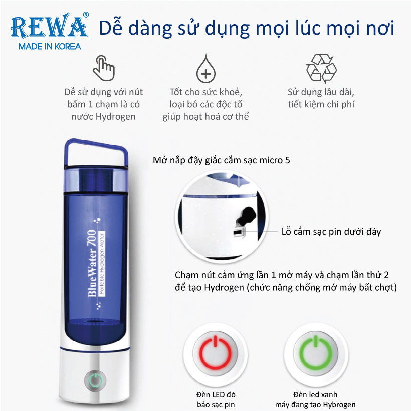 Máy tạo nước Hydrogen Bluewater700 Rewa (480ml) - Hàng Chính Hãng