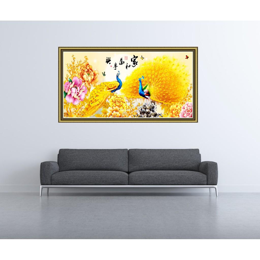 Tranh dán tường HD Đôi chim công vàng LunaTM-0202K Kim sa
