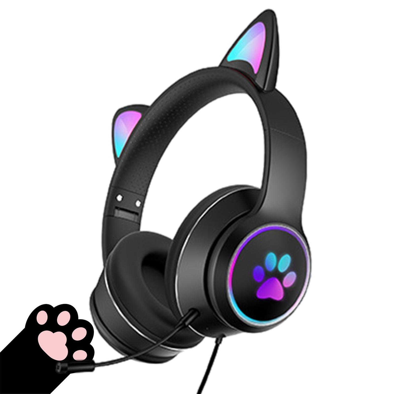 2 Pcs Cat Ear Wired Over-Head Headset RGB Light for PC Noise Reduction