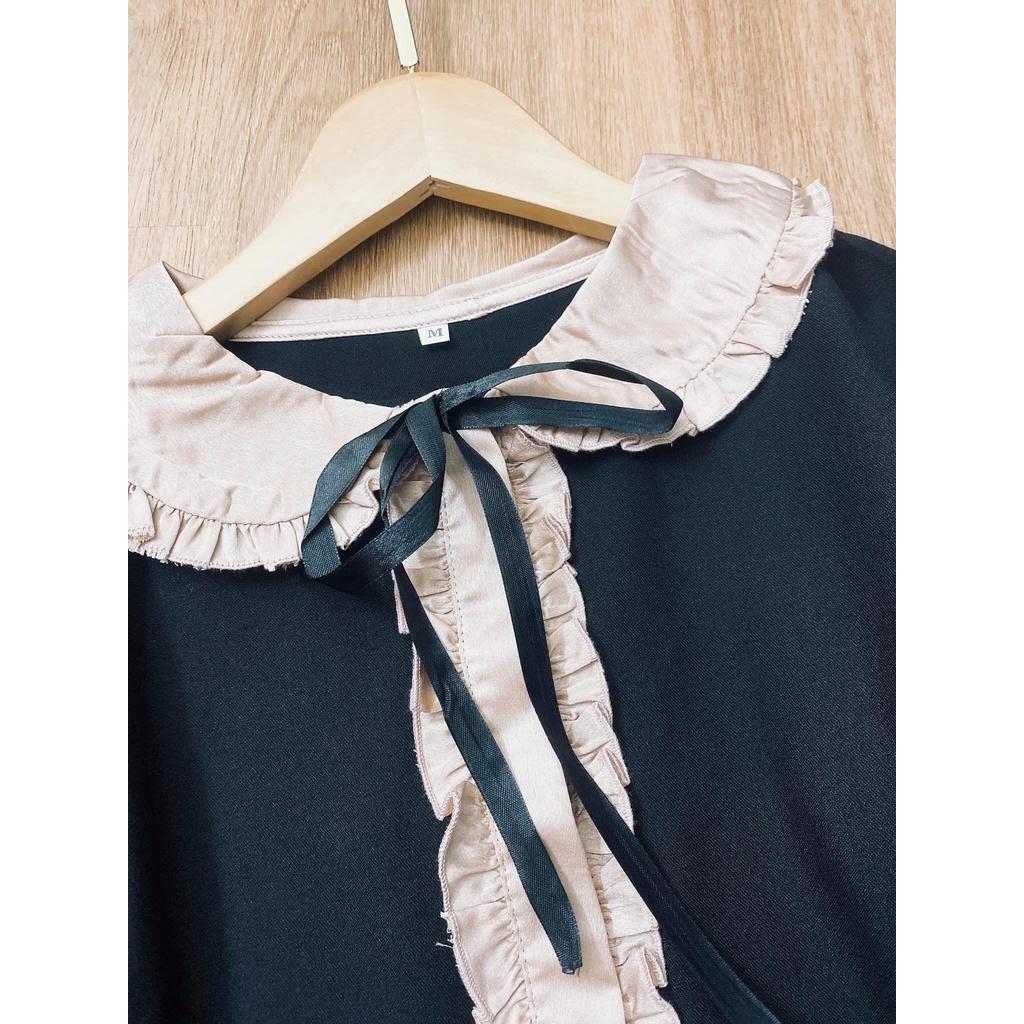 Áo sơ mi nữ cổ bèo phối nơ đen dài tay chất umi nhật thời trang Banamo Fashion 396