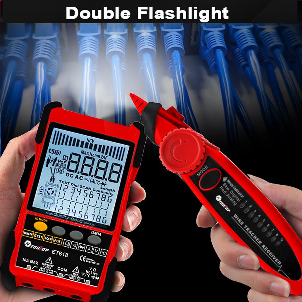 Handheld Portable 2in1 Network Cable Tester Multimeter LCD Display with Backlight Analogs Digital Search POE Test Cable Pairing Sensitivity Adjustable Network Cable Length Short Open Circuit Measure Trackers Multifunctional Cable Tester