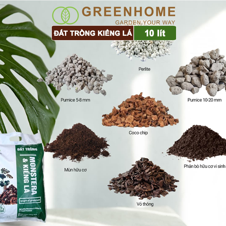 Đất trồng Monstera, kiểng lá, bao 10 lít , giá thể trộn sẵn, đầy đủ chất Tropical Premium |Greenhome