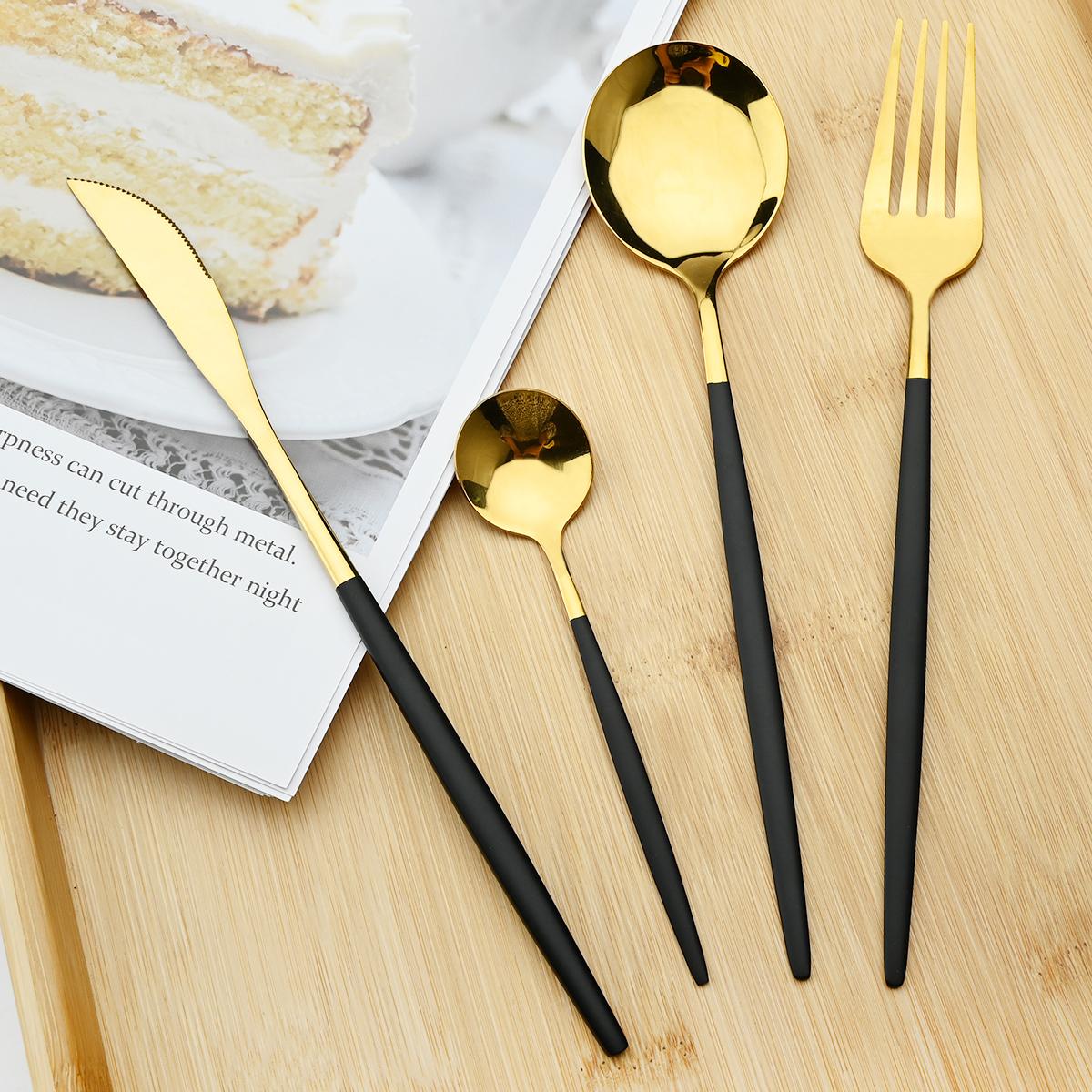 24 Cái/bộ Thép Không Gỉ Ăn Tối Đen Vàng Chén Ăn Bộ Bộ Dao Muỗng Nĩa Thìa Cà Phê Bộ Dao Kéo Nhà Bếp Bộ Đồ Ăn Kiềng Bạc Bộ
