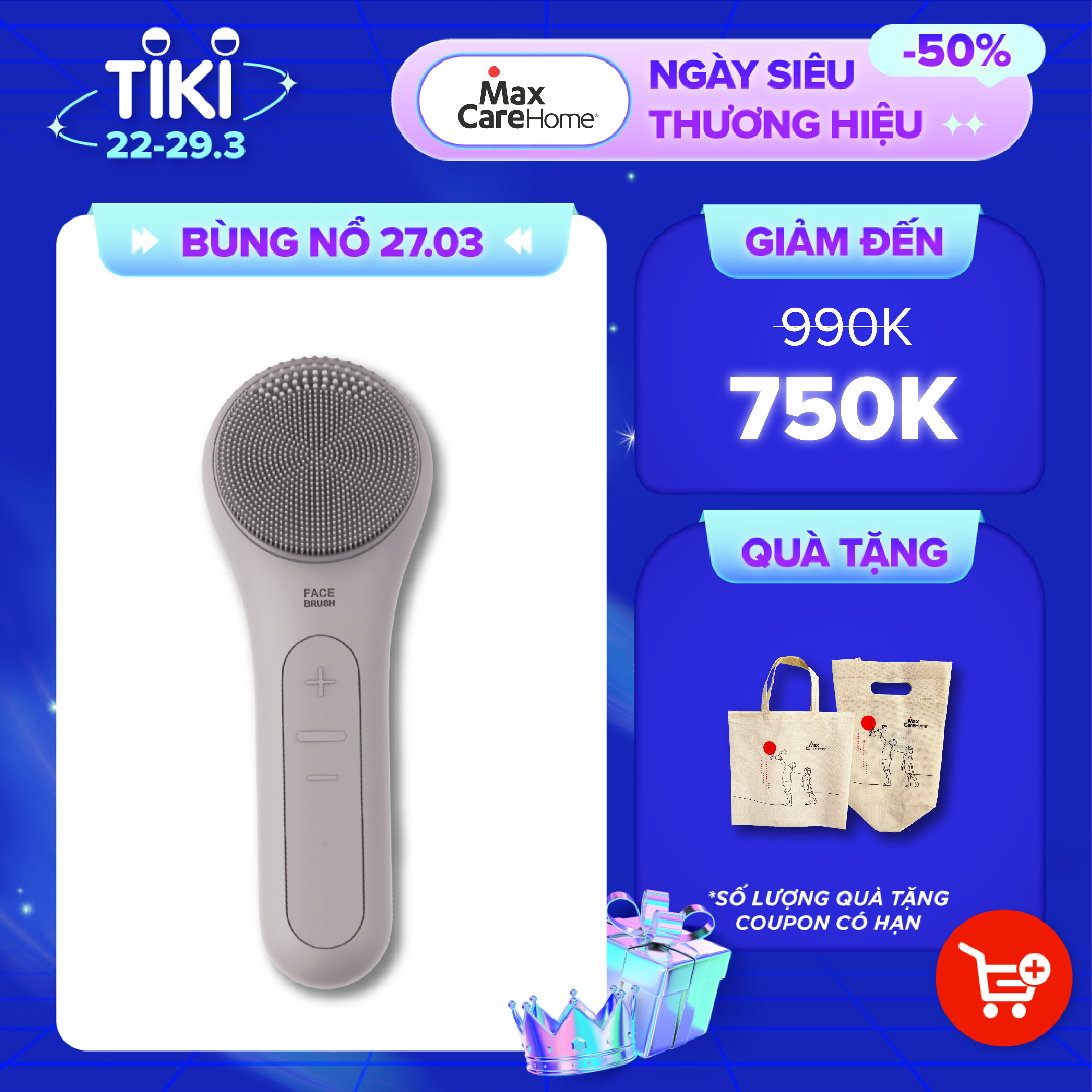 Máy rửa mặt Maxcare Max999 màu Be &amp; Xám (sạch lớp trang điểm - dầu thừa - bụi bẩn trong 1 phút) thương hiệu Nhật Bản