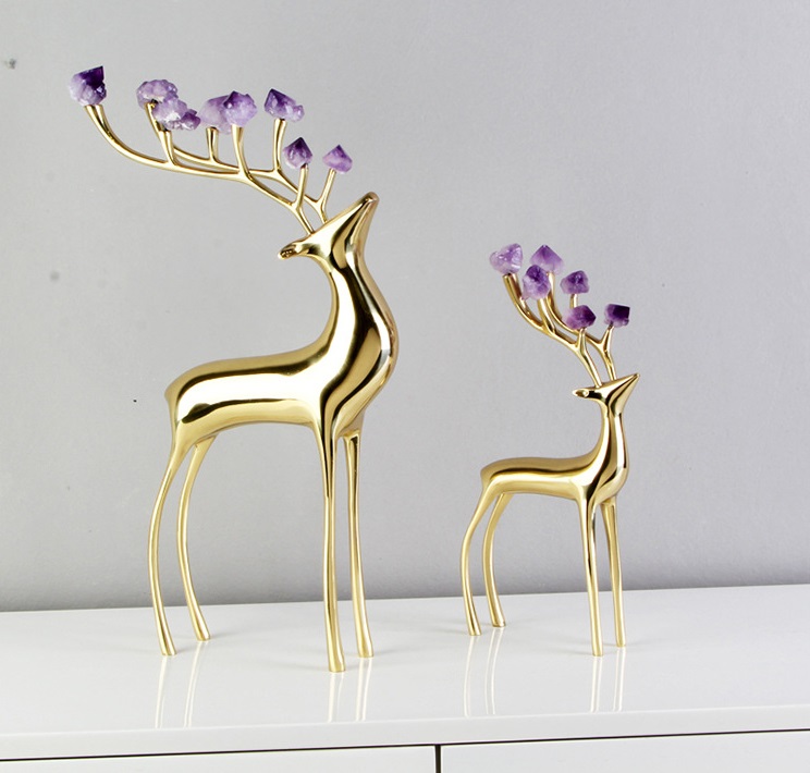 Cặp Hươu đồng decor cao cấp siêu VIP Cao 39cm Đá Tím