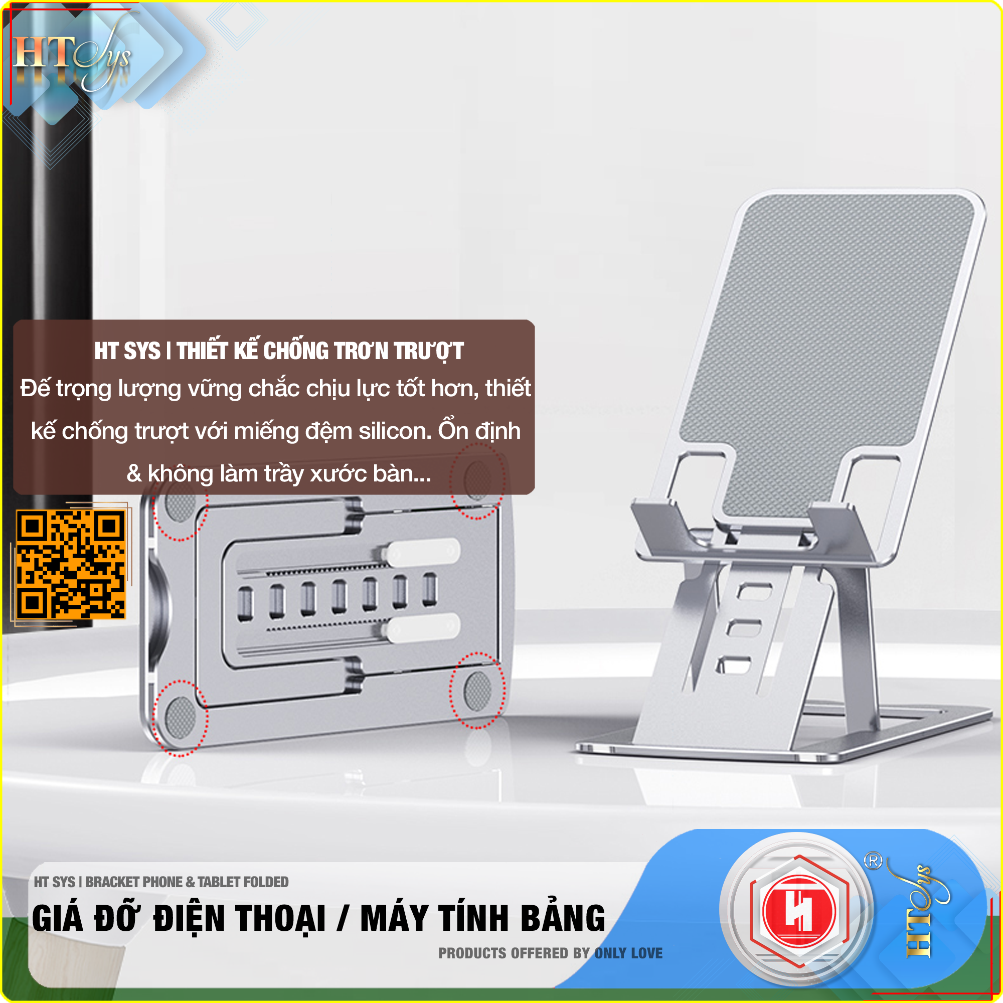 Giá đỡ điện thoại, máy tính bảng để bàn gấp gọn HT SYS BRACKET PHONE and TABLET FOLDED  - Hợp kim nhôm cao cấp - Có thể điều chỉnh 7 góc độ, phù hợp với tất cả các dòng điện thoại và máy tính bảng - Hàng Nhập Khẩu