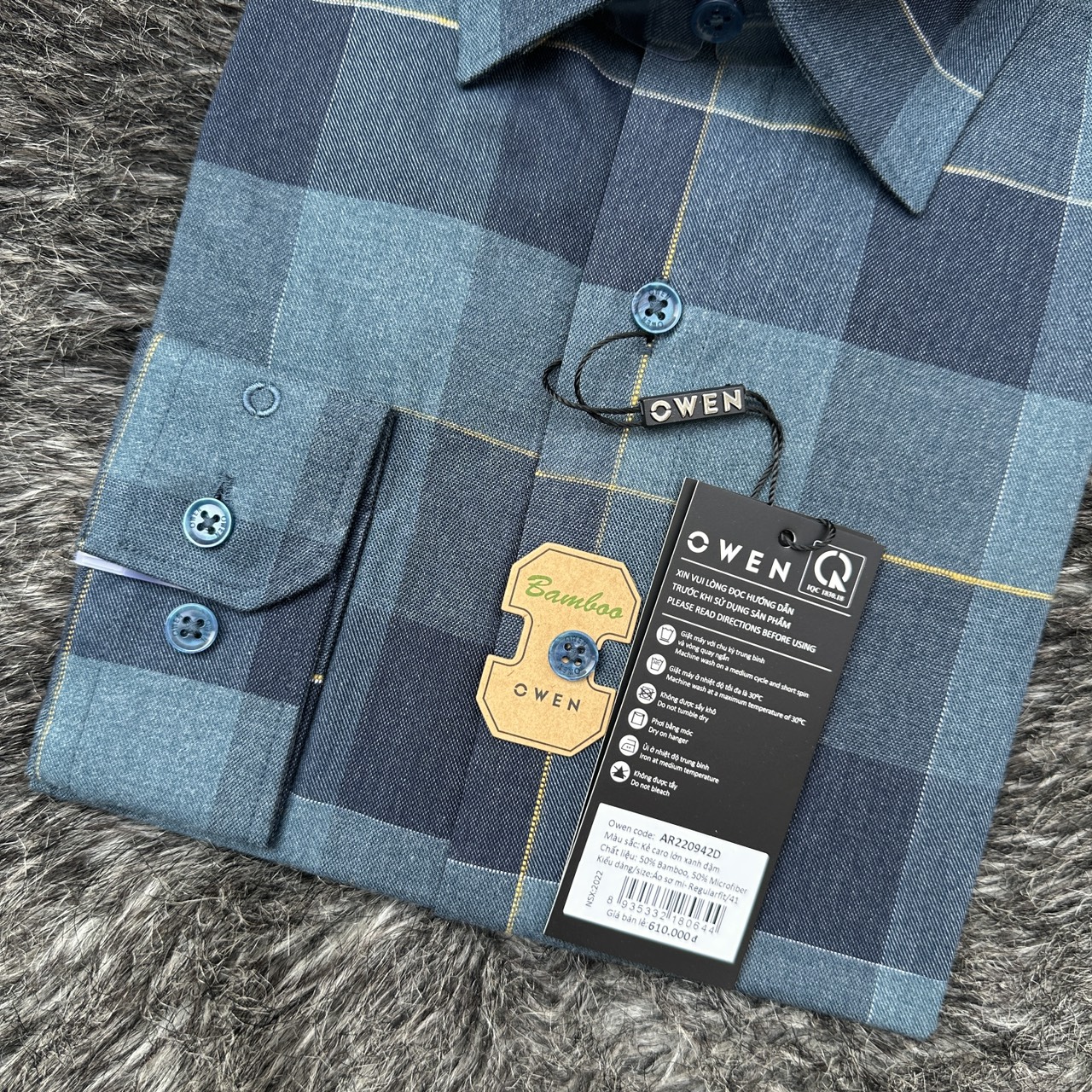 OWEN - Áo sơ mi dài tay Owen Regularfit chất sợi tre kẻ ca rô xanh đậm 220942