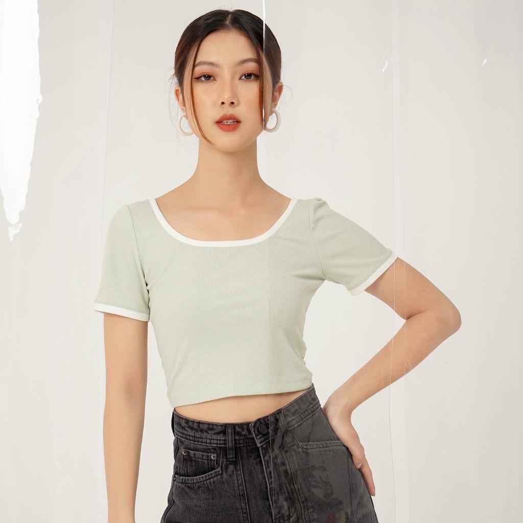 Áo kiểu dệt kim nữ Méo shop croptop ngắn tay cổ vuông Yun