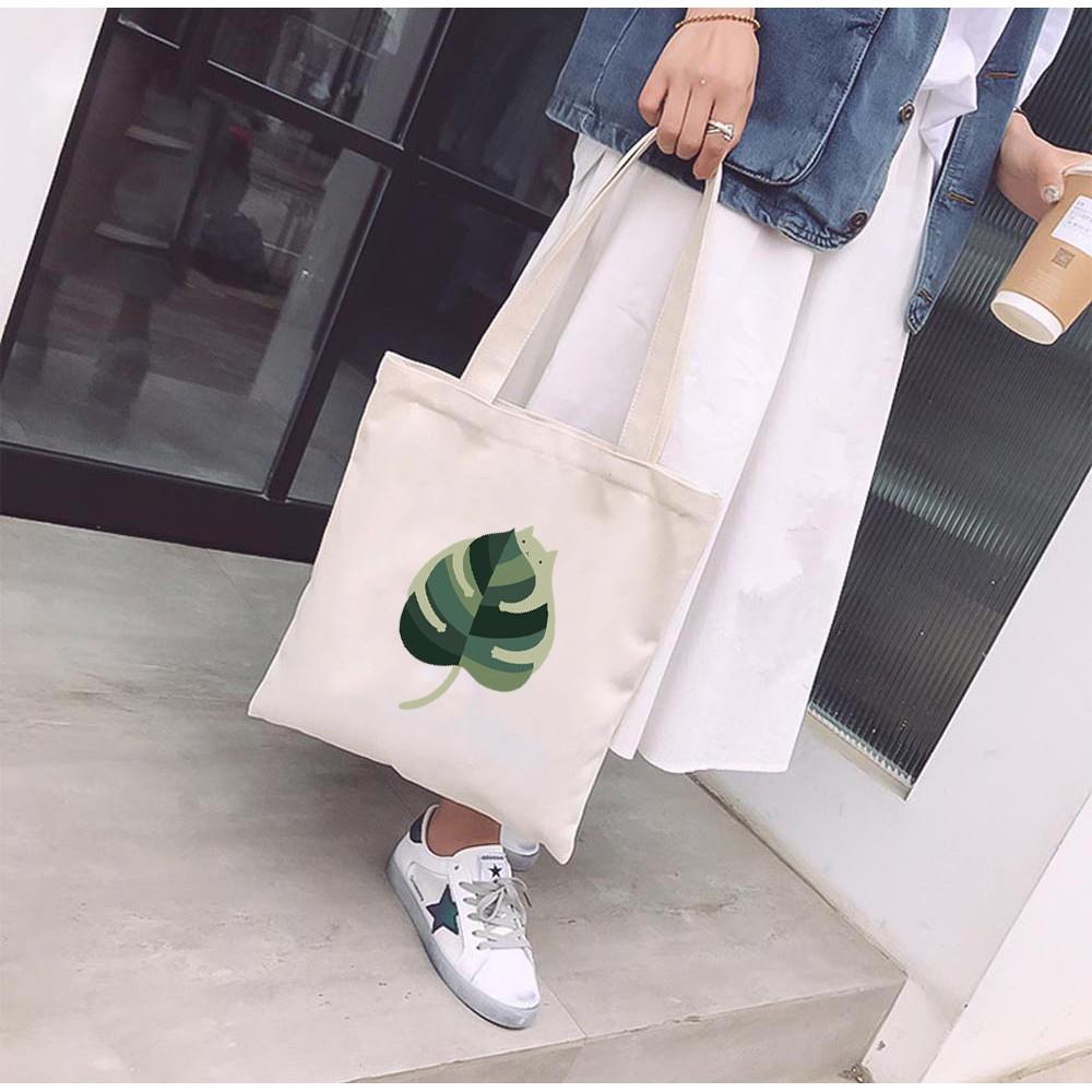 Túi Tote Vải Mộc Ginko kiểu basic có dây kéo khóa miệng túi đựng vừa laptop 14 inch và nhiều đồ dùng khác In Hình Cat With Leaf M08