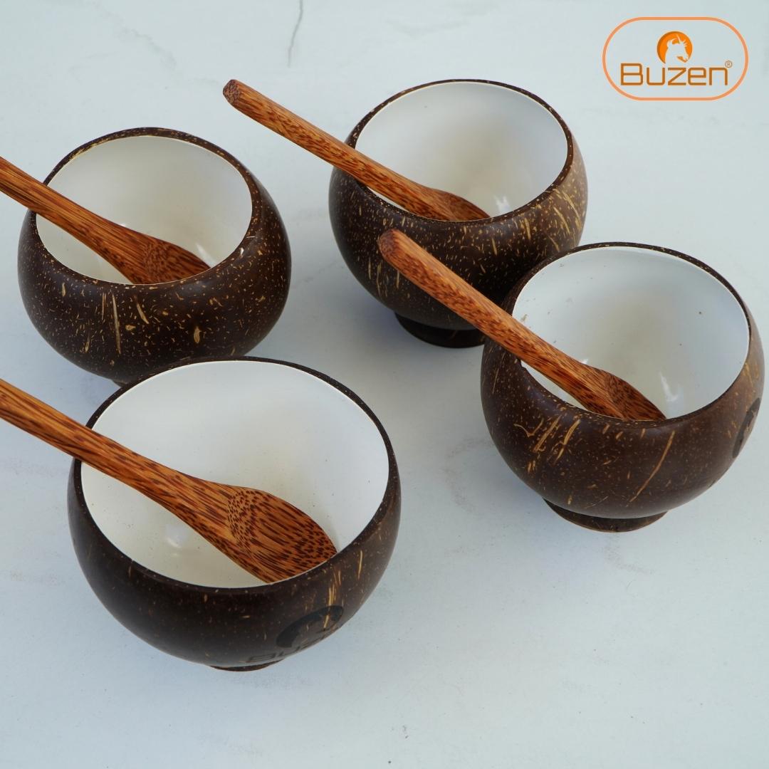 Combo 4 ly cốc gáo dừa sinh tố tráng men BUZEN