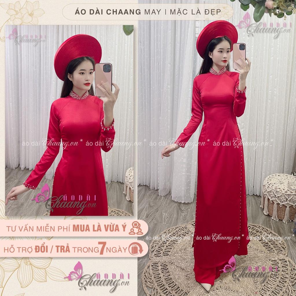 Áo Dài Cưới Truyền Thống CHAANG May Thiết Kế Sẵn 4 Tà Đính Tủa Cổ Ngọc Cô Dâu Dự Tiệc Đẹp ADC1422