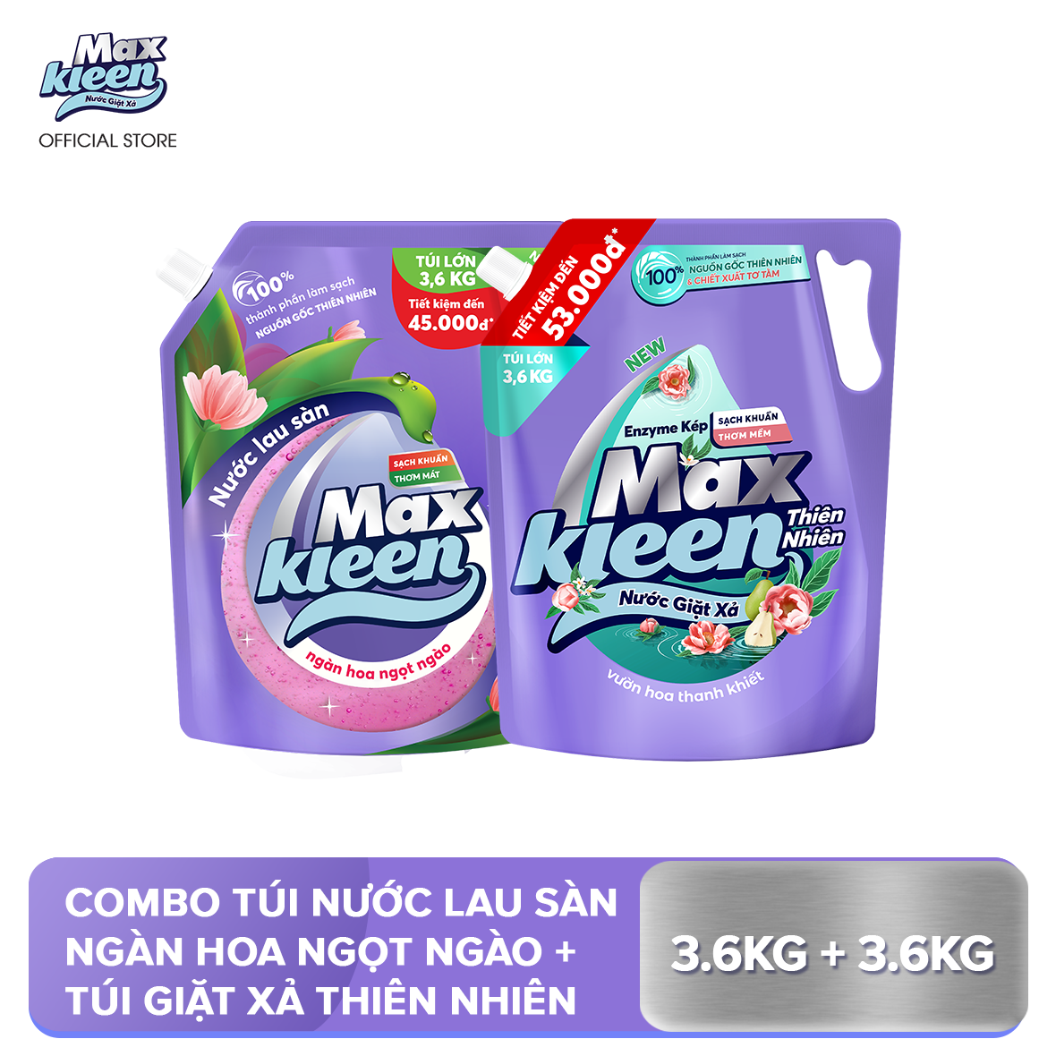 Combo Túi Nước Lau Sàn 3.6kg Ngàn hoa ngọt ngào + Túi Nước Giặt Xả MaxKleen 3.6kg Thiên Nhiên