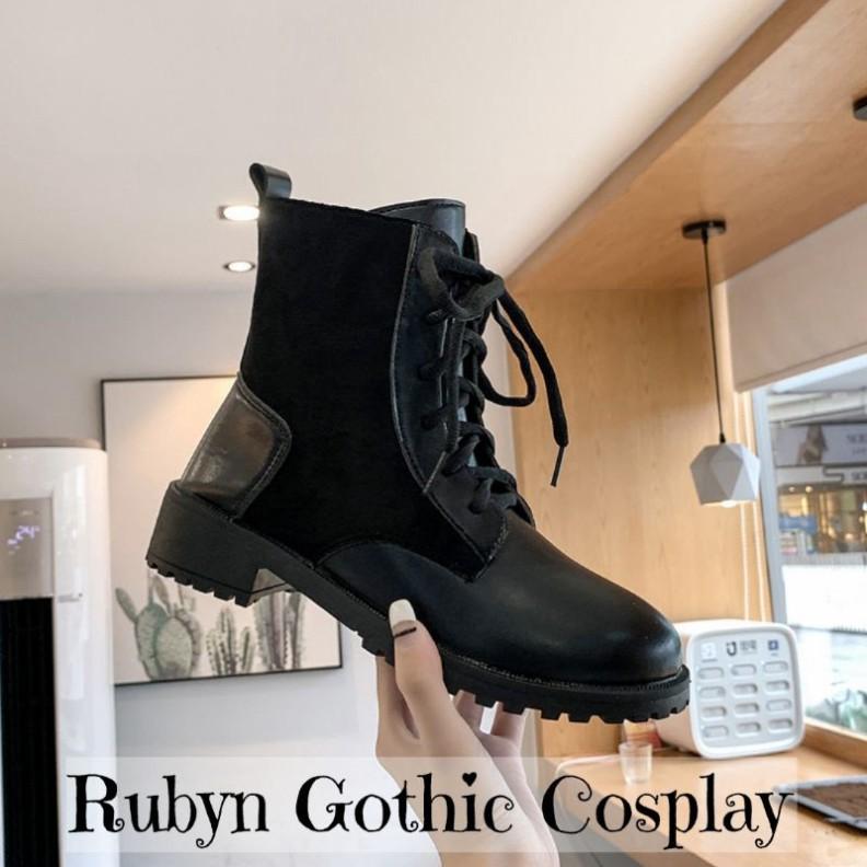 Giày Boots Cổ Cao Da PU phối da lộn cá tính