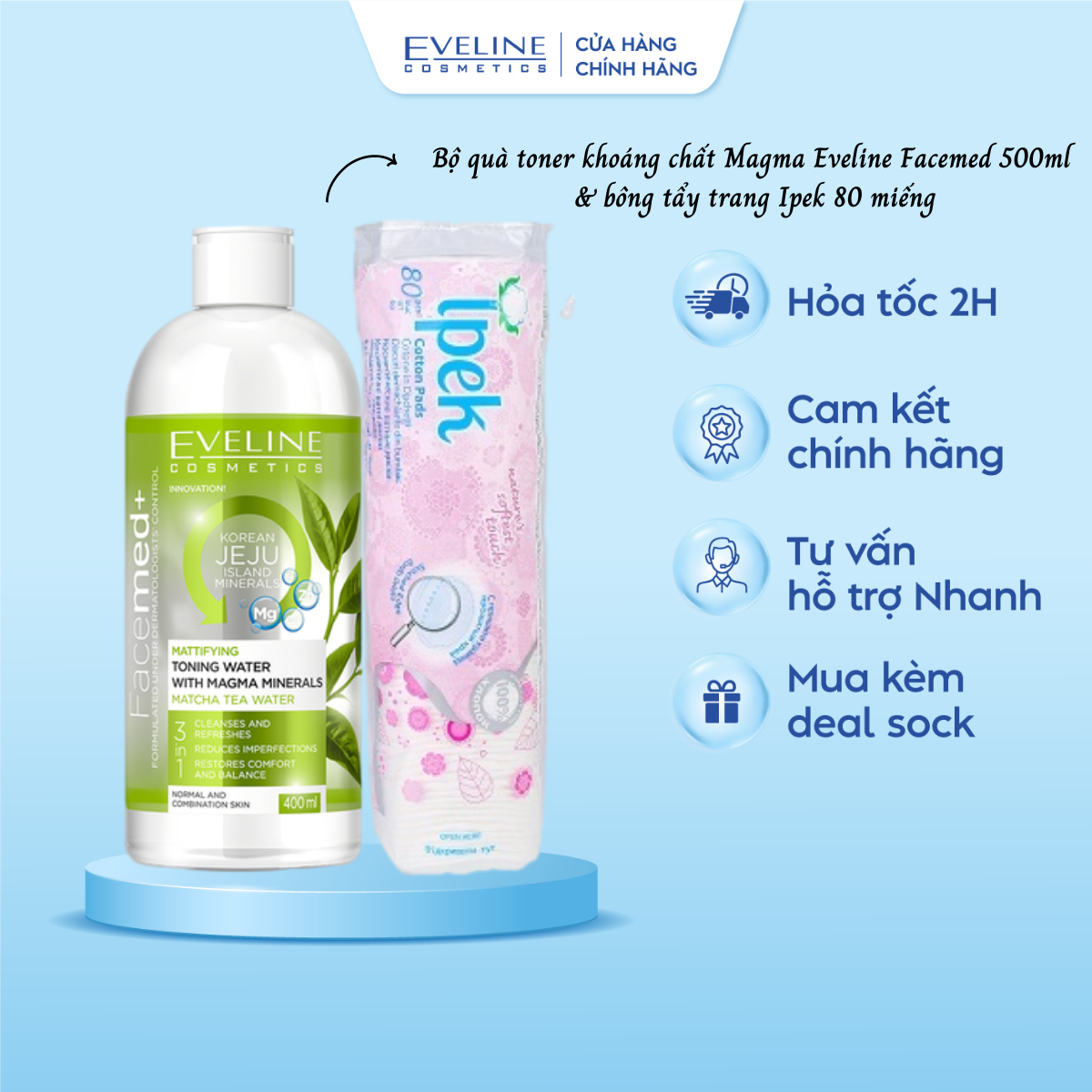 [Secret Gift] Bộ quà toner khoáng chất Magma Eveline Facemed 500ml &amp; Bông tẩy trang Ipek 80 miếng