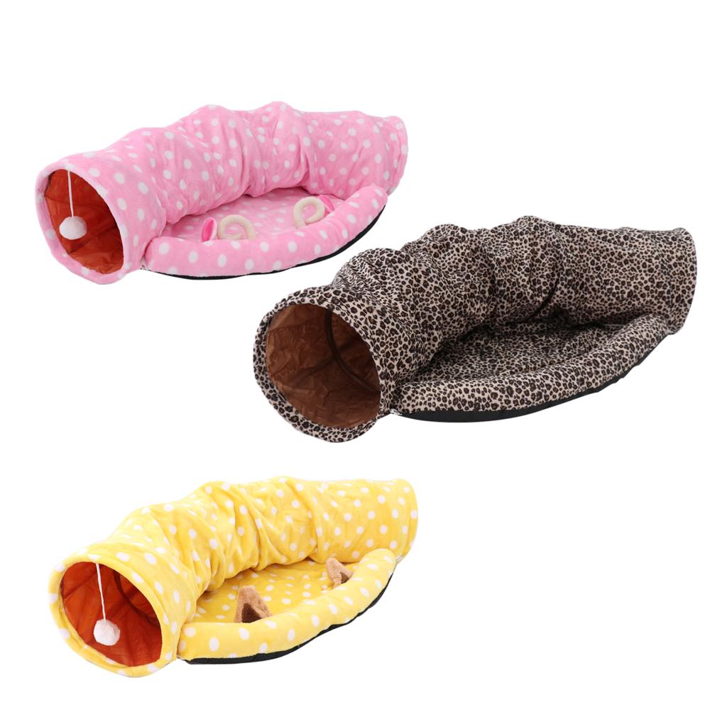 Foldable Cat Tunnel Bed-Kitten Indoor Playing Funny Toy Hanging Fluffy Ball Pink