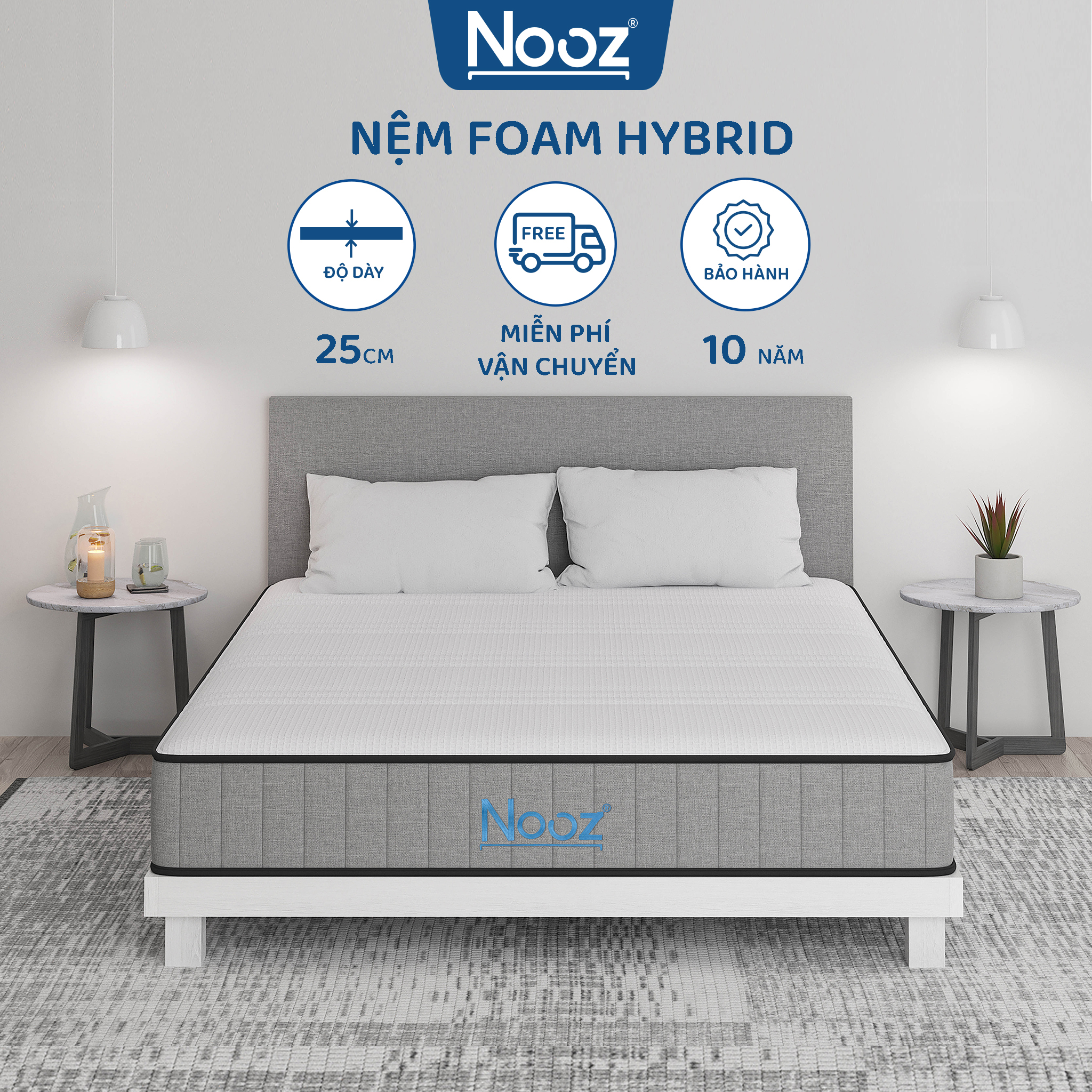 Nệm Foam Hybrid 25cm Nooz Home Goods Tiêu Chuẩn CertiPUR-US Ruột Đệm Lò Xo Túi Độc Lập Kết Hợp Cùng 2 Tầng Cao Su Non (Convulated Foam và High Density Foam)