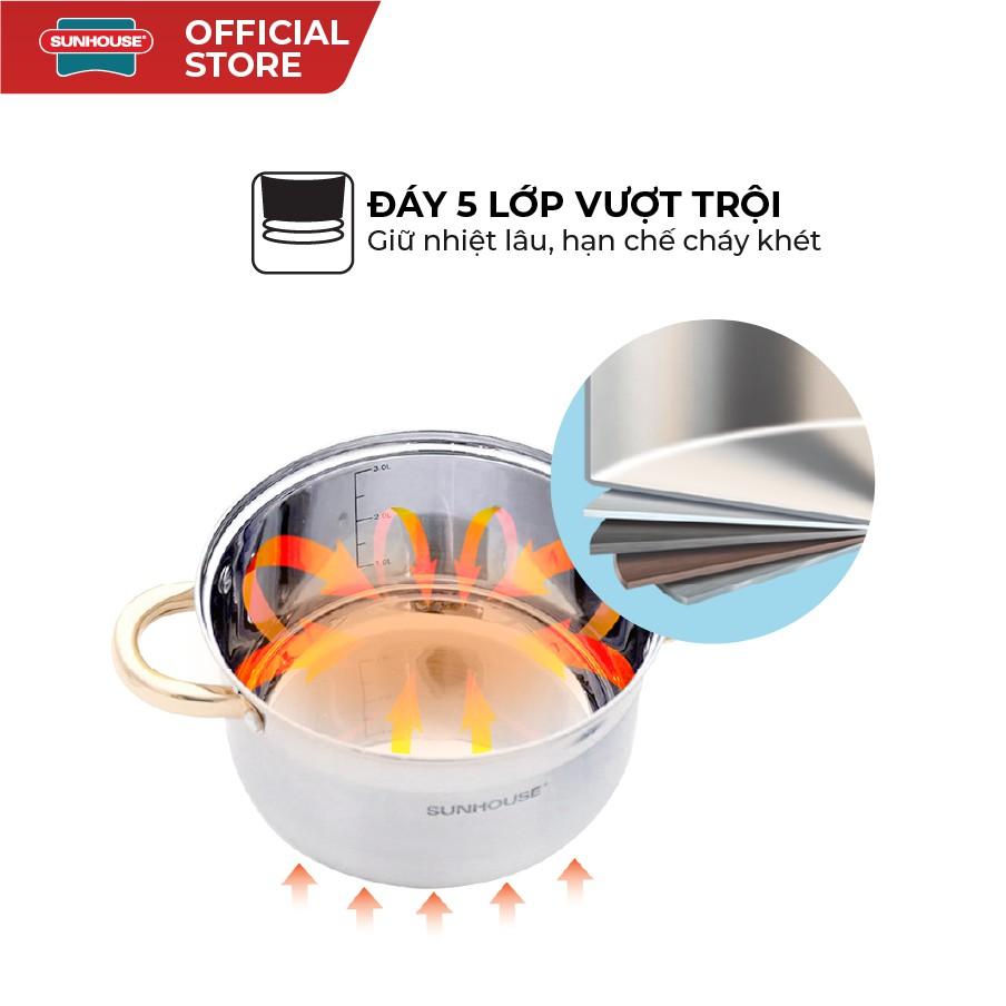 Bộ Nồi Inox 5 Đáy SUNHOUSE Đáy Từ SH781 16, 20, 24 cm
