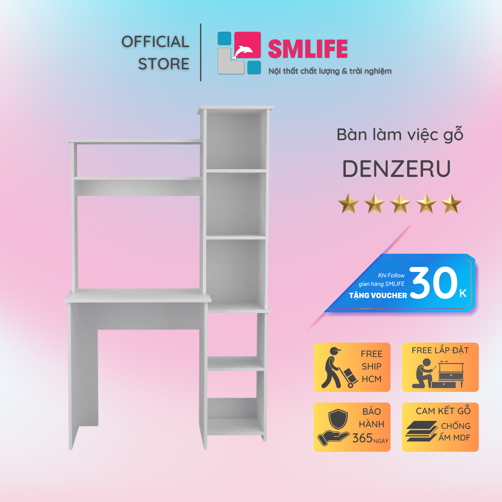 Bàn Học Bằng Gỗ Liền Giá Sách Hiện Đại SMLIFE Denzeru