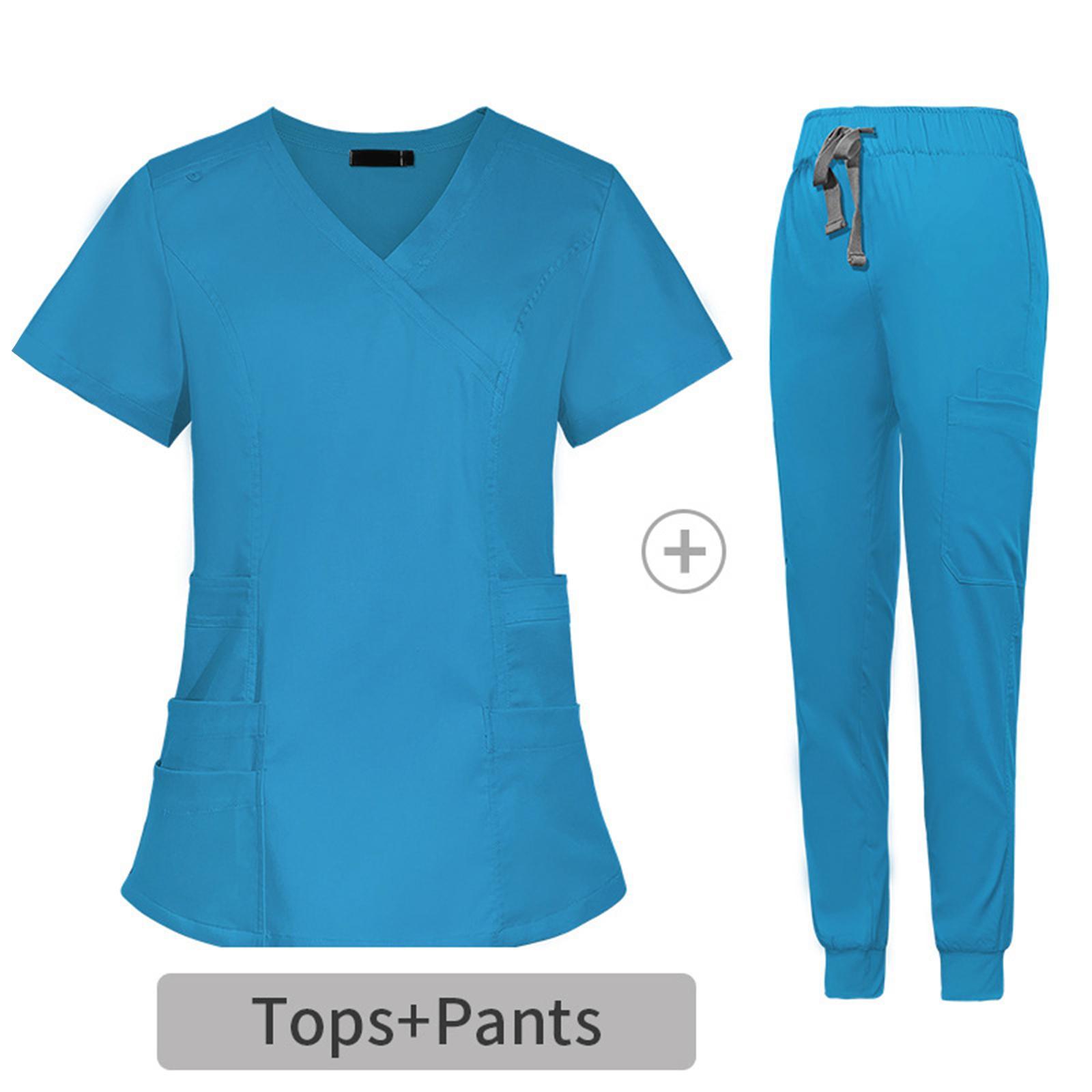 Women Nurse Work Clothing Nursing Uniform Top and Pants Scrub  V