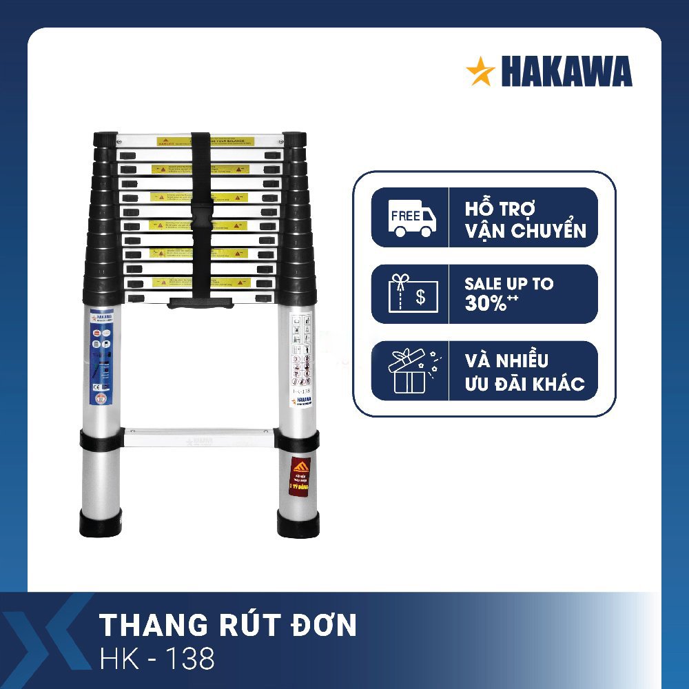 Thang nhôm rút đơn Nhật Bản HAKAWA HK138 ( 3,8M ) - Phân phối chính hãng - Nhỏ gọn tiện lợi