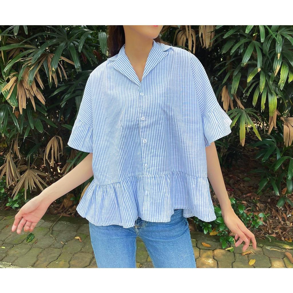 Áo Sơ Mi Kiểu Nữ, Cách Điệu Tay Áo Bèo, Tà Áo Bèo, Cổ Vest, Màu Xanh Sọc - Lovadova 21B05C001