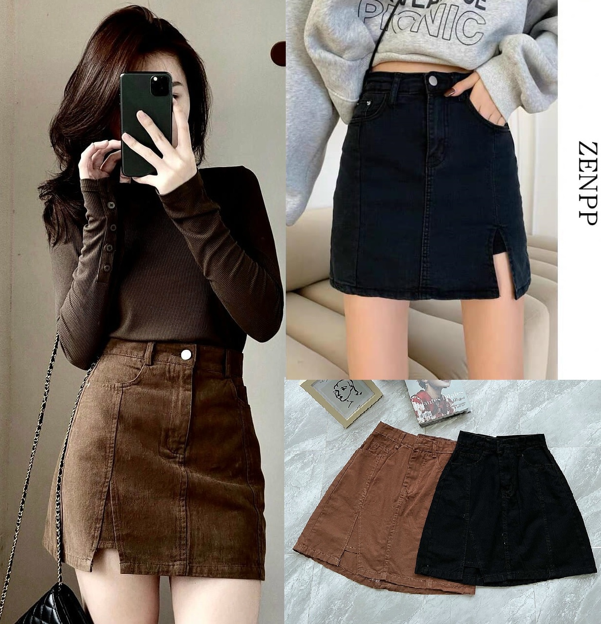 Chân váy chữ A lưng cao chất liệu kaki phong cách hàn quốc