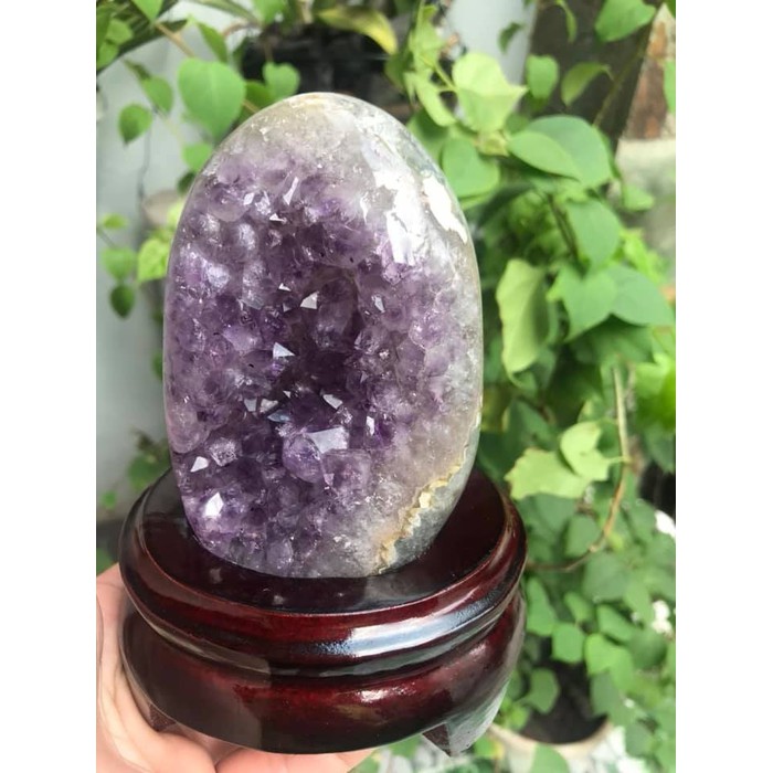 Miếng Đá Thạch Anh Tím Trái Tim Nhỏ đế gỗ Tự Nhiên Kt Cao 12cm N11cm S9cm Anh Chị Đặt Bàn Làm Việc Bàn Thờ Thần Tài May Mắn Thu Hút Tài Lộc ạ