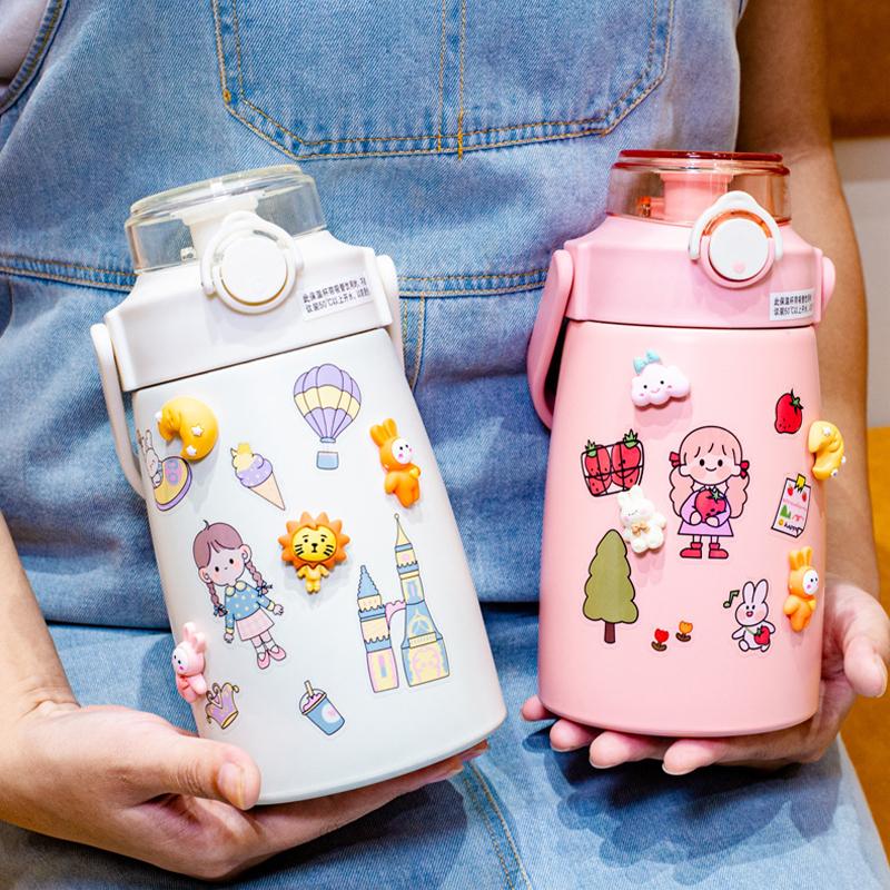 Thép Không Gỉ Giữ Nhiệt Bụng Ly Hoạt Hình Dễ Thương Dung Tích Lớn Nước Có Ống Hút 750Ml Trẻ Em Giữ Nhiệt Ấm Siêu Tốc