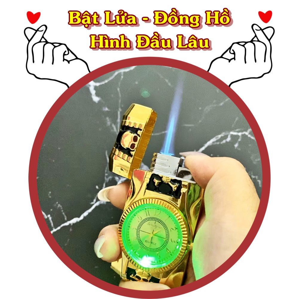 Bật lửa hột quẹt khè đồng hồ 2IN1 hình đầu lâu có đèn Led nhấp nháy - xài ga