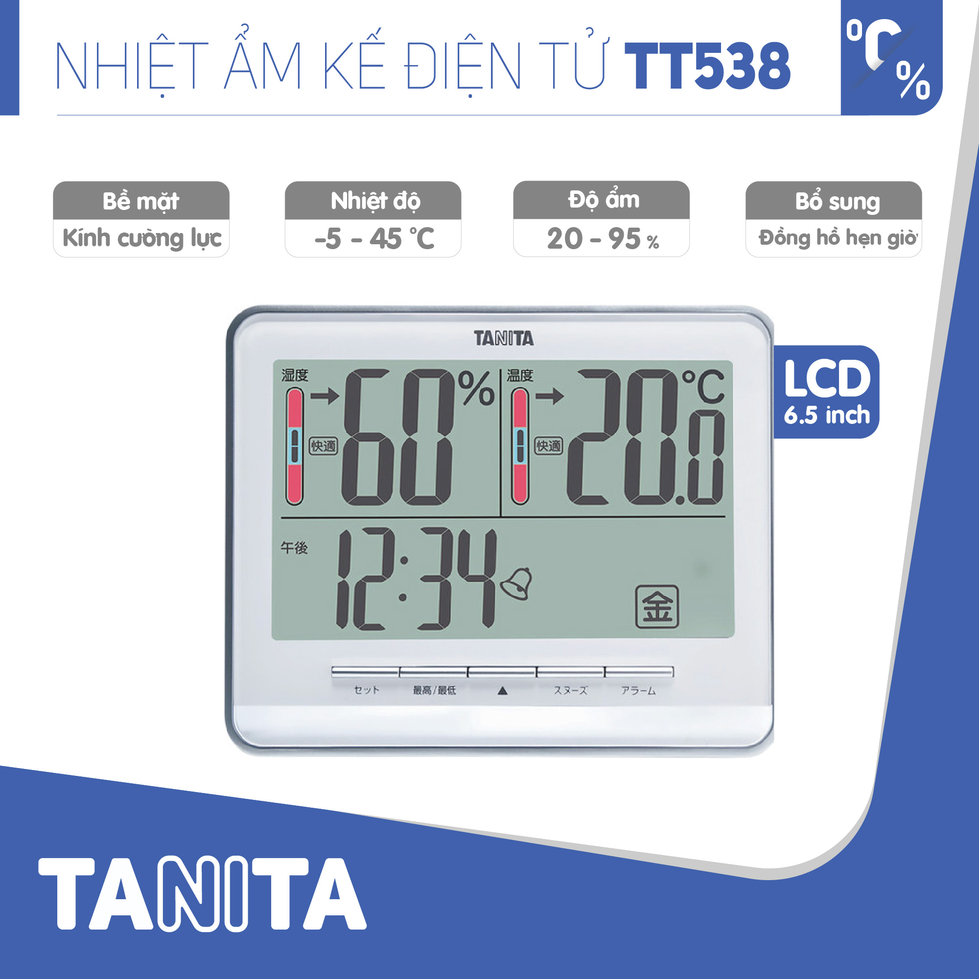 Nhiệt ẩm kế điện tử TANITA TT538 chính hãng nhật bản,thiết bị đo độ ẩm nhiệt độ chính xác,màn hình rõ ràng,hiển thị ngày giờ chuông báo thức,có lỗ treo,để bàn phù hợp trong phòng lạnh, bệnh viện, gia đình có trẻ sơ sinh