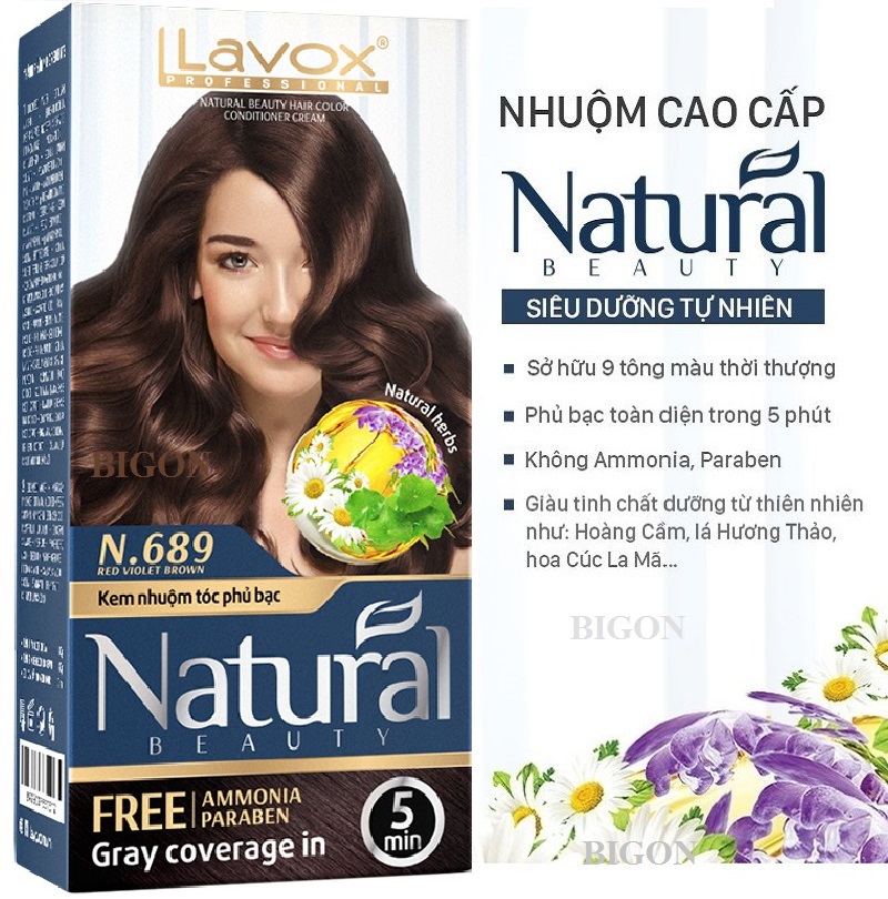 (Nâu Tím Ánh Đỏ) Kem Nhuộm Phủ Bạc Cao Cấp Siêu Dưỡng, Tự Nhiên Lavox N.689 - Red Violet Brown