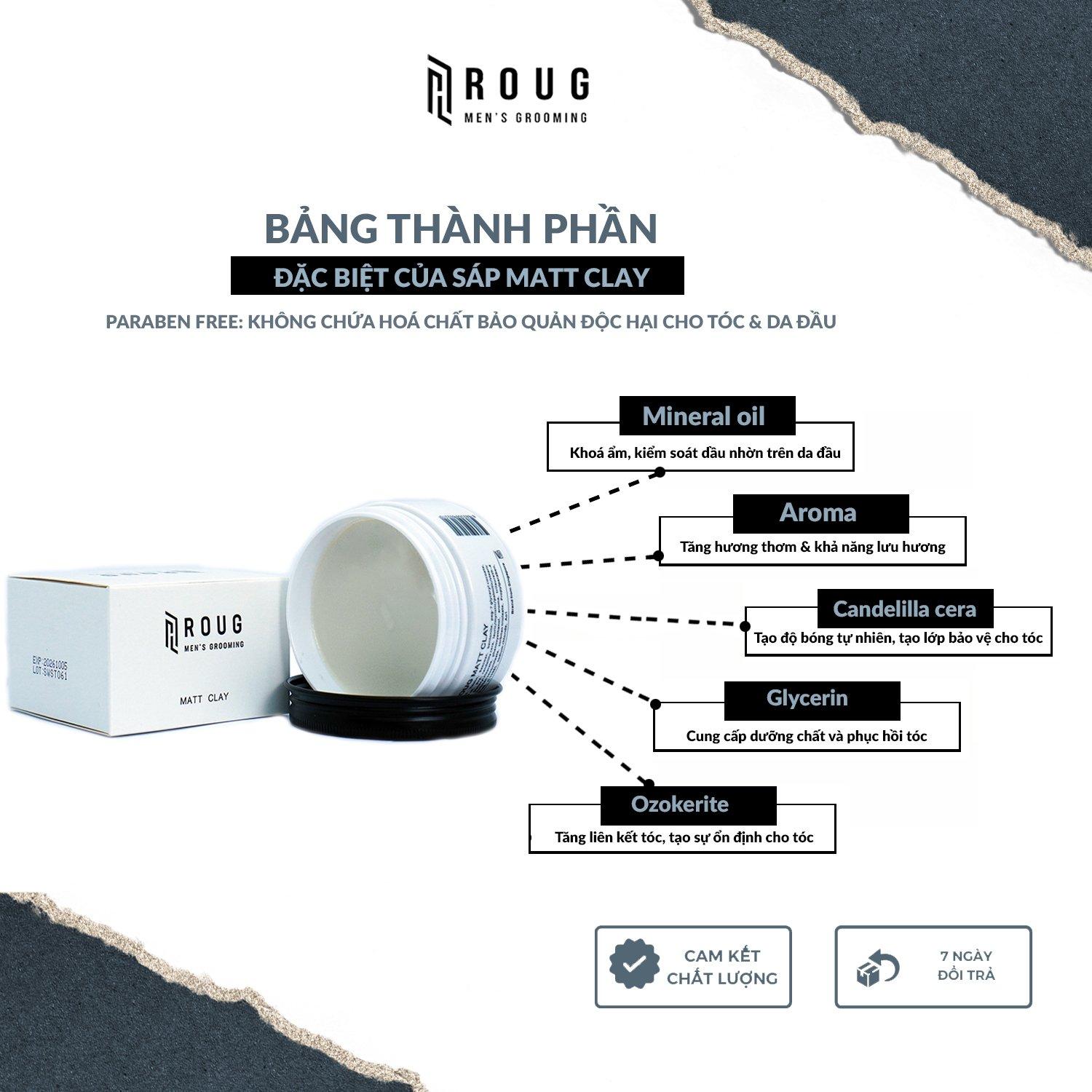 Sáp vuốt tóc Roug Matt Clay 90gr chính hãng cao cấp Singapore giúp tạo kiểu cho mái tóc dày cứng + Tặng 2 Lược tạo kiểu - Sáp vuốt tóc Roug Trắng