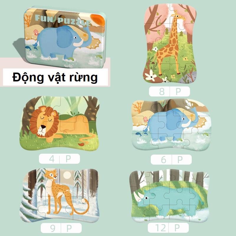 Xếp hình gỗ 4-12 mảnh đồ chơi xếp hình hộp thiếc nhiều chủ đề cho bé