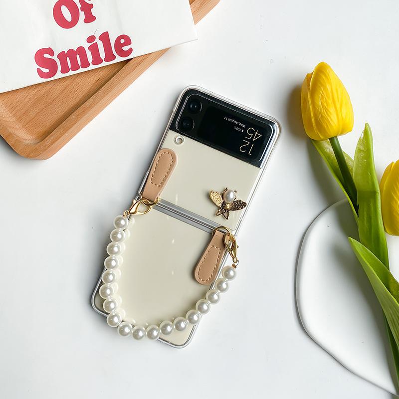 Ốp Lưng Cho Samsung Galaxy Z Flip 4 / Z Flip 3 Trong Suốt Kèm Dây Ngọc Trai Cầm Tay - BUM STORE GALAXY CASE