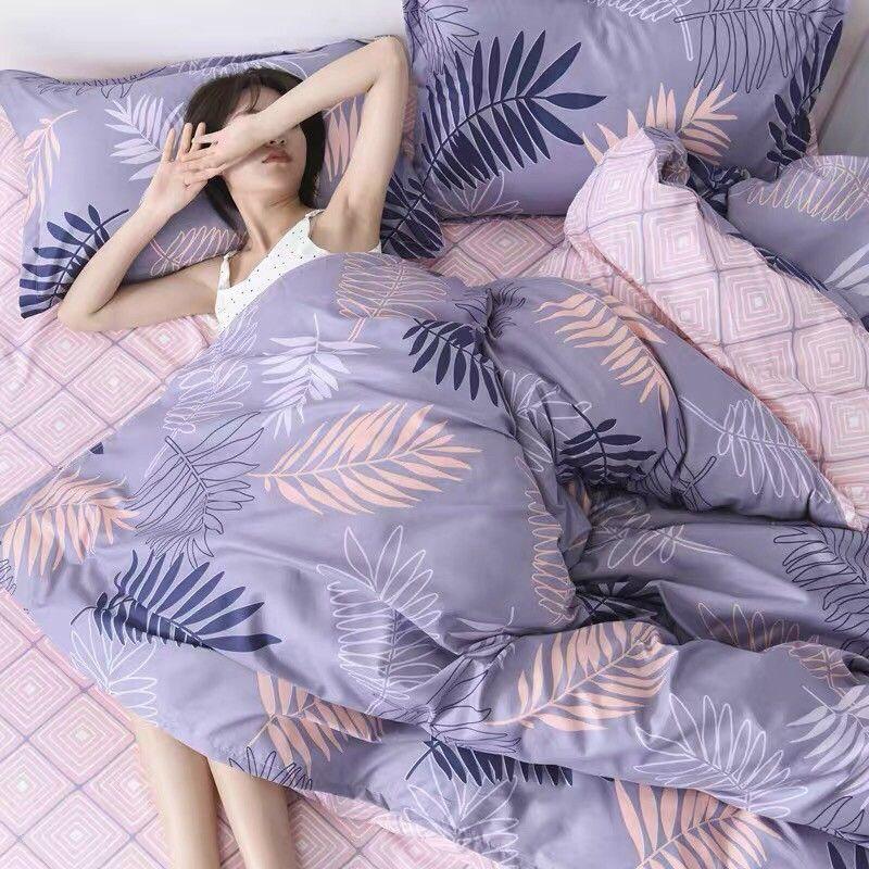 Bộ chăn ga gối họa tiết lá me cotton poly