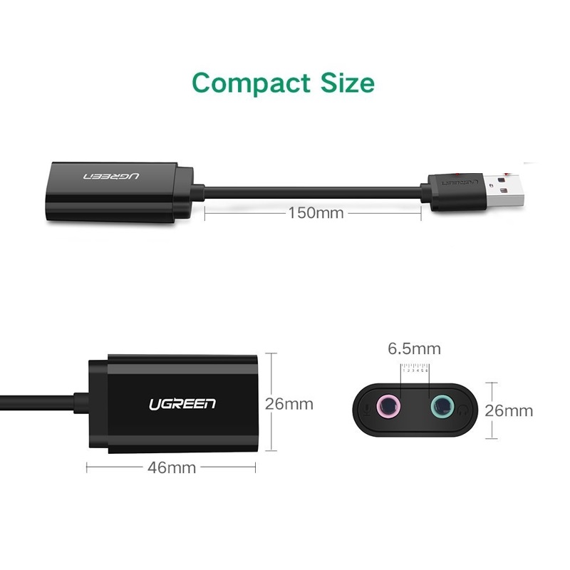 USB Sound Card UGREEN 30724 3.5mm Headphone và Microphone Jack (black) Hàng chính hãng