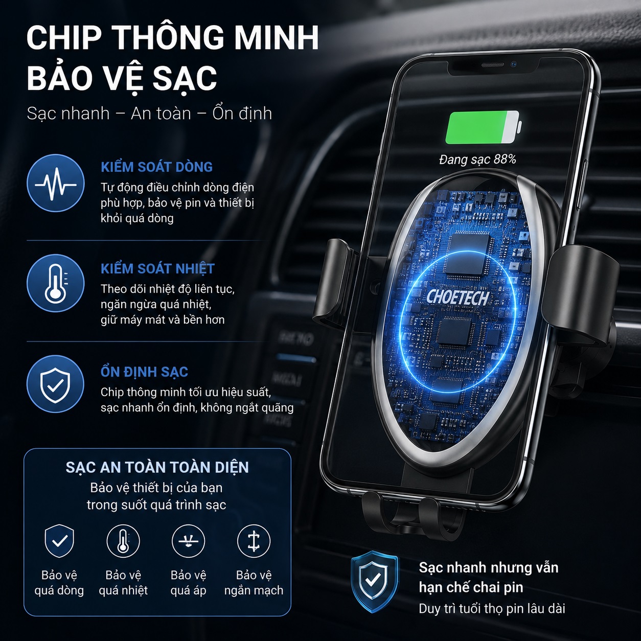 Giá đỡ điện thoại sạc nhanh không dây 2 in 1 gắn chân không + kẹp khe gió Choetech T536 Cho điện thoại / iPhone - Kẹp Trọng Lực Xoay 360 Độ Kẹp Khe Gió Hoặc Dán Taplo - hàng nhập khẩu