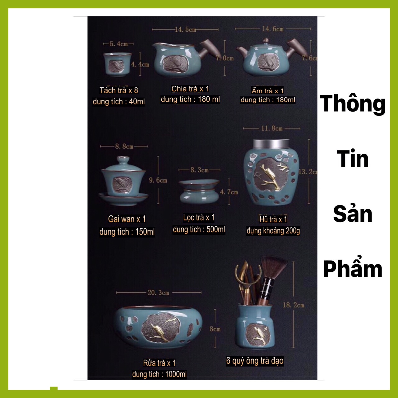 Trà Đạo Sứ Xanh , Bộ Ấm Chén Uống Trà Cao Cấp Màu Xanh Ngọc Men Rạn Hoạ Tiết Ve Sầu 20,19,18,12 ,13 Chi Tiết