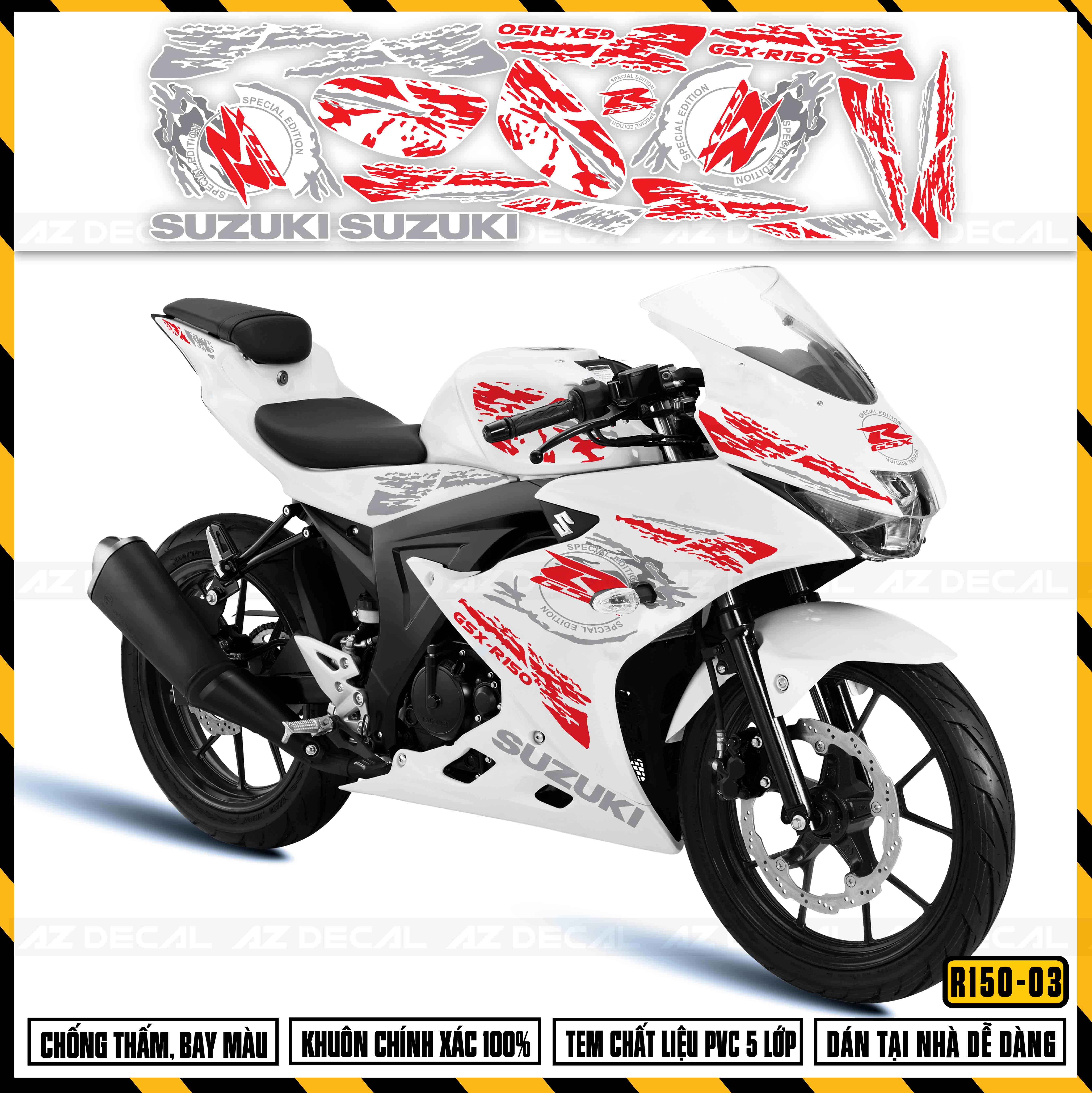 Tem Xe Suzuki GSX R150 Special Edition | GSX R150-03 | Decal Rời Cắt Sẵn Dễ Dán Cho Xe Sơn Đen, Trắng, Xanh, Đỏ