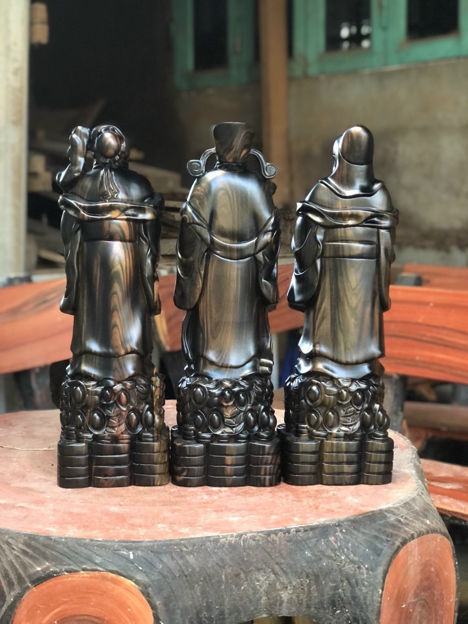 Bộ tượng phật tam đa phúc lộc thọ bằng gỗ mun hoa kt cao 50×15×13cm