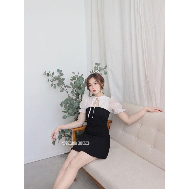 Đầm WONDER HOUSE phối trắng cổ tròn thắt nơ