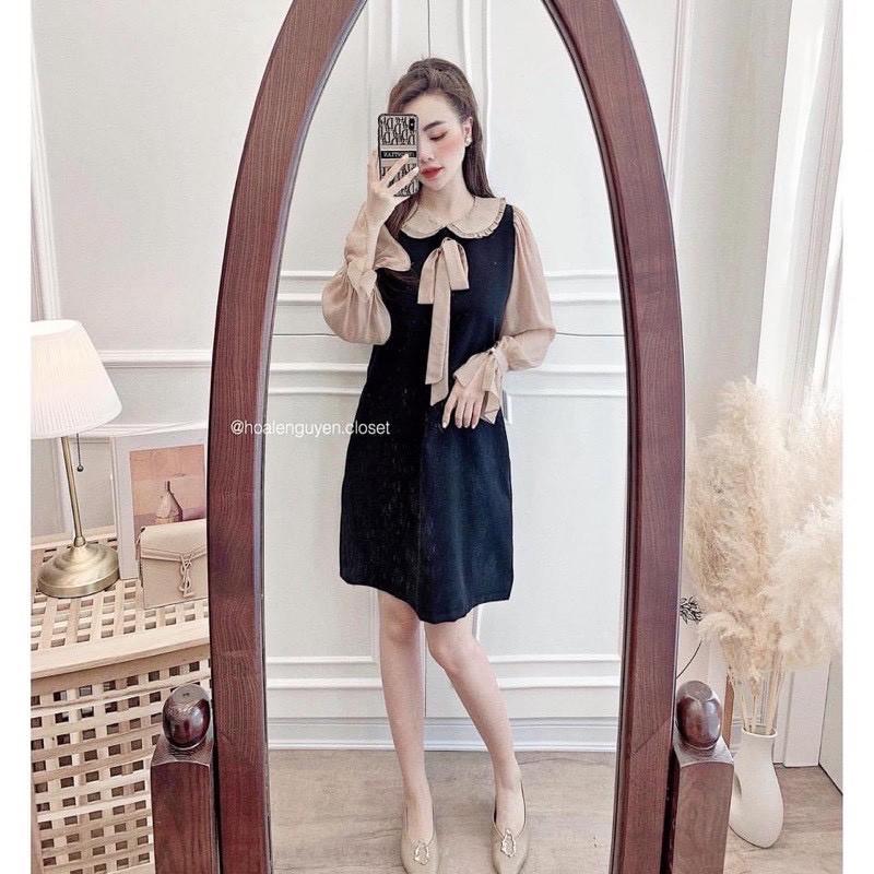 VÁY SUÔNG ĐEN PHỐI TAY MÀU BE CỔ SEN