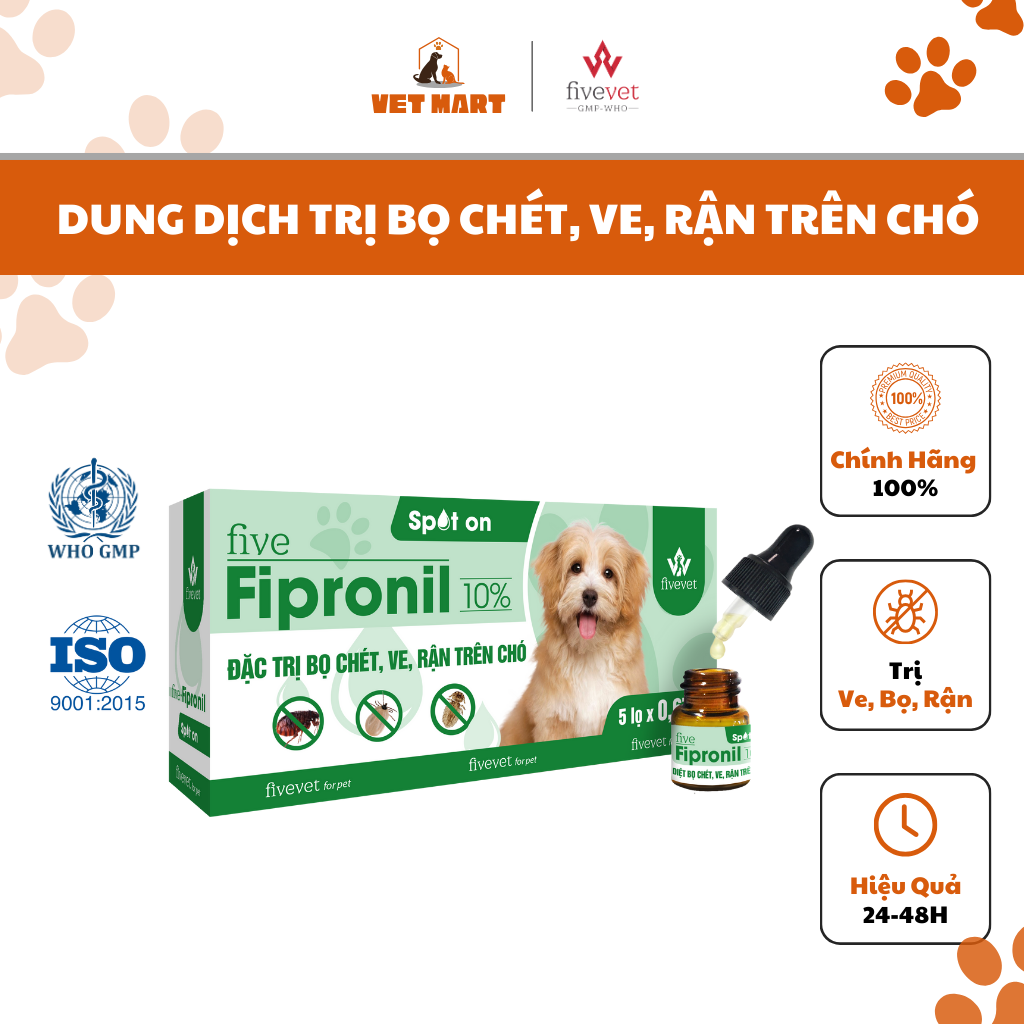 Lọ Nhỏ five Fipronil Spot on 10% Hỗ Trợ Trị Bọ Chét, Ve, Rận Cho Chó (0,67ml) - Fivevet