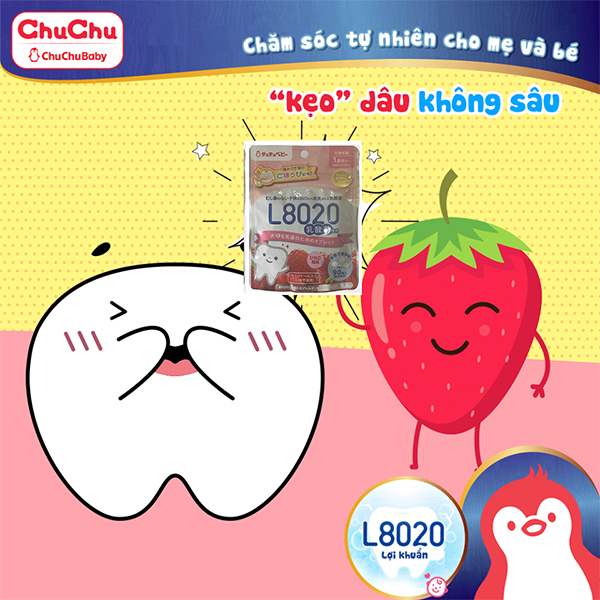 Combo gồm: viên ngậm lợi khuẩn vị dâu L8020 gói 90 viên và nước súc miệng vị táo bạc hà L8020 chai 300ml Chuchu Baby