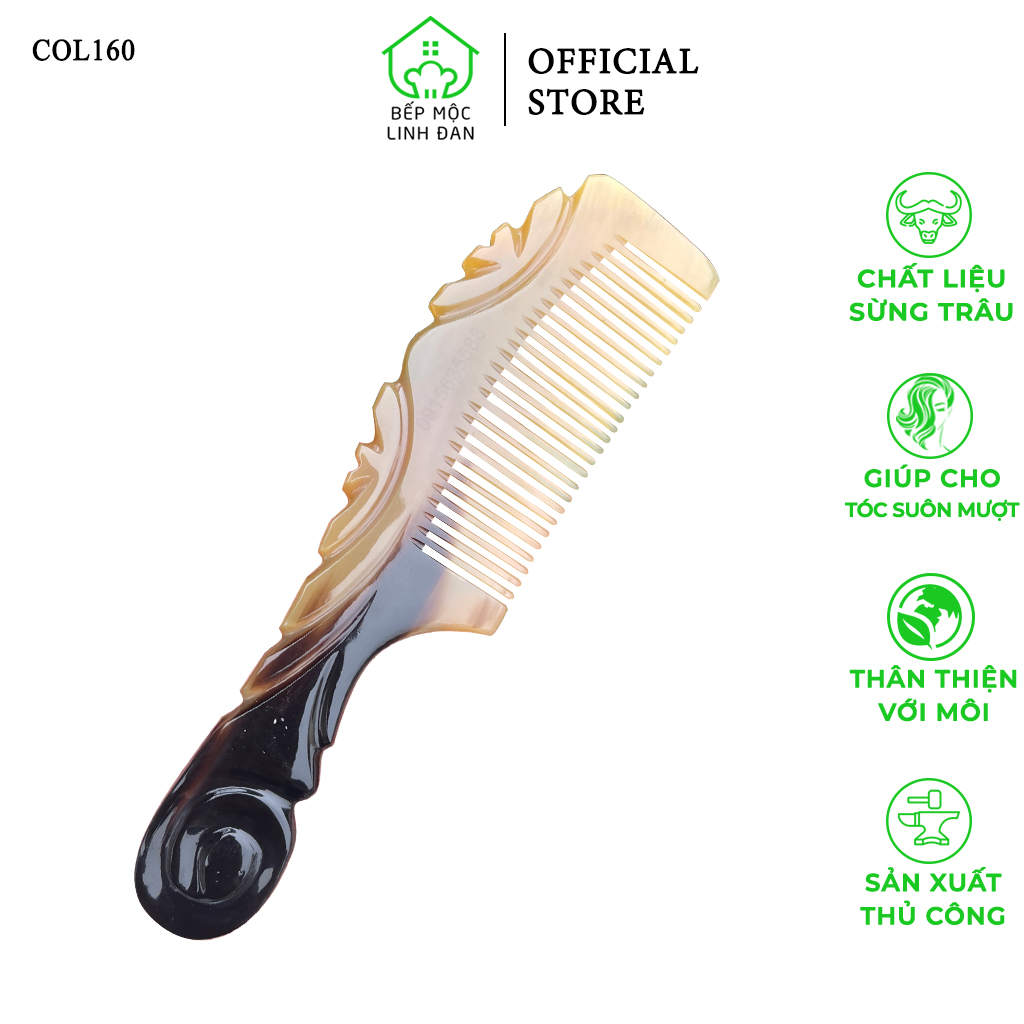 Lược Sừng Vân Nưa Chuôi Cuốn (Size: XL-20cm) Họa Tiết Uốn Lượn Sắc Sảo [COL160]