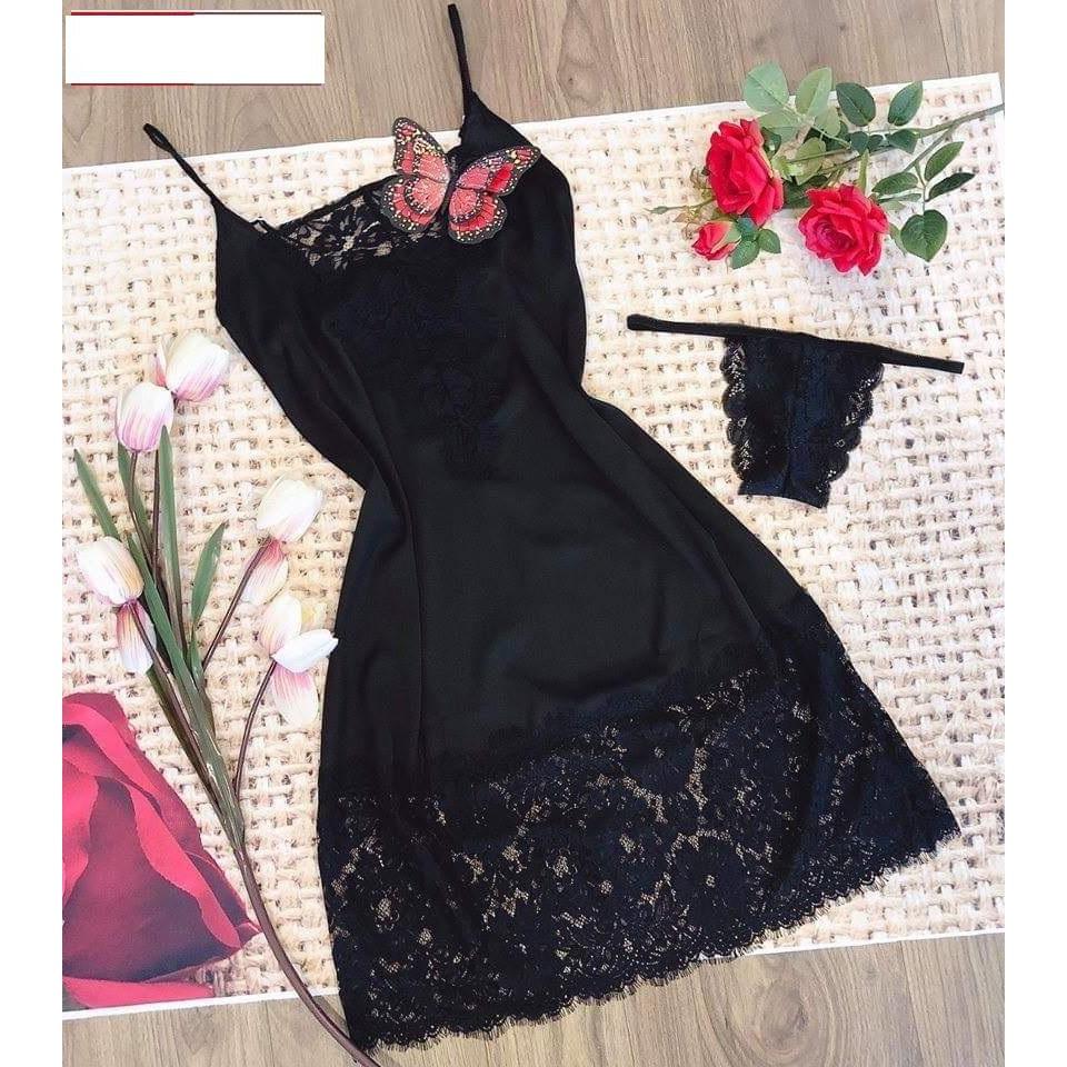 Váy ngủ lụa hai dây phối ren bản to sexy tặng kèm chip